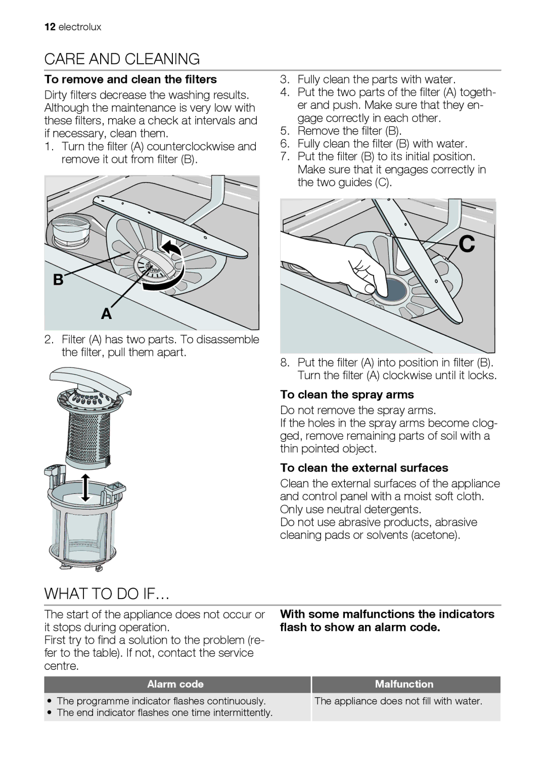 Electrolux ESL 43020 Care and Cleaning, What to do IF…, To remove and clean the filters, To clean the spray arms 