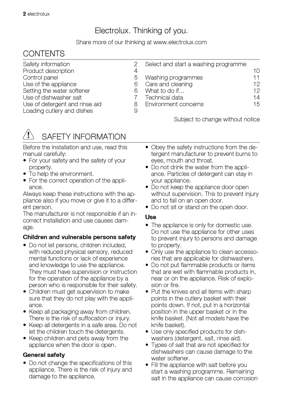 Electrolux ESL 43020 user manual Contents, Safety Information 