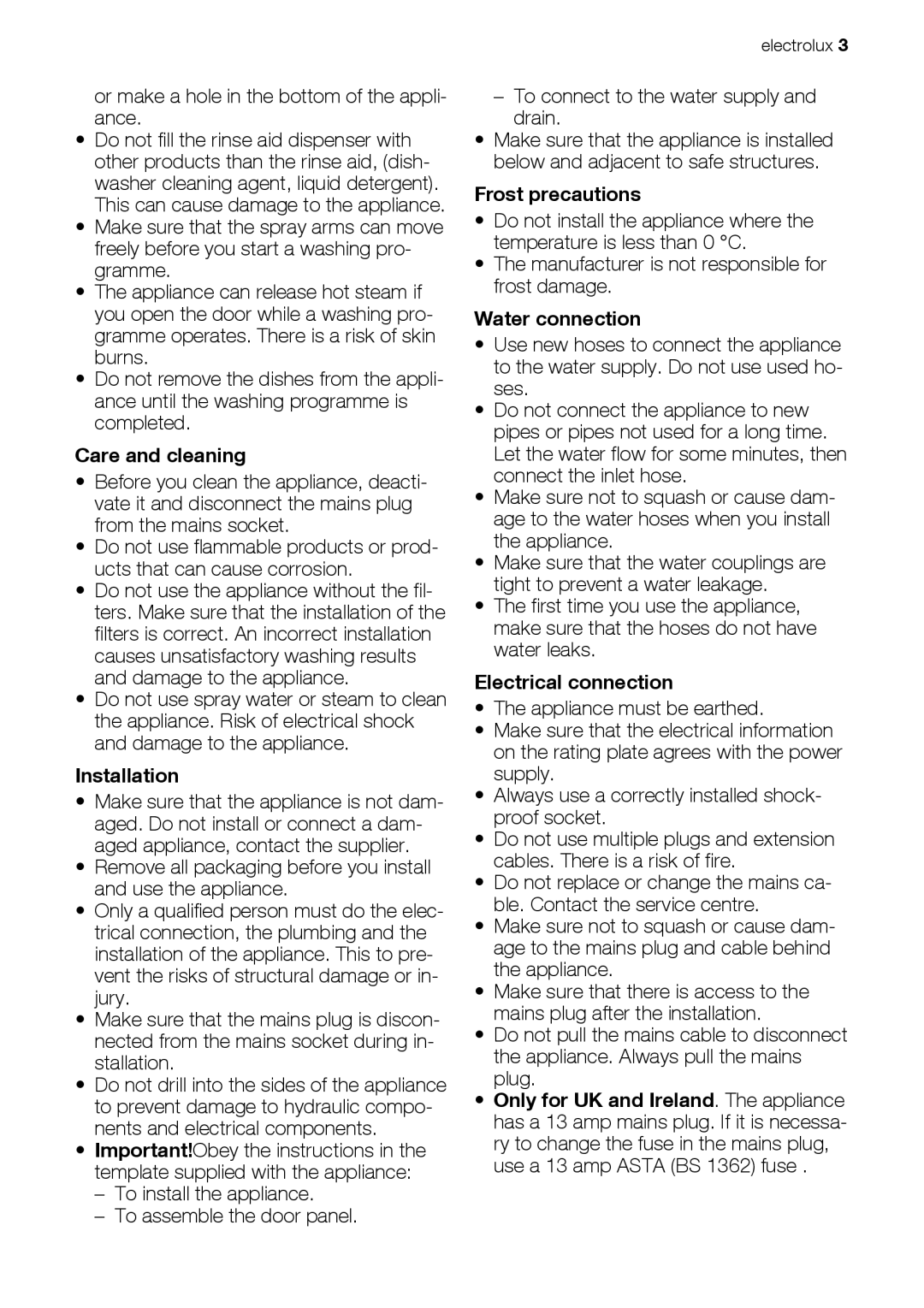 Electrolux ESL 43020 Care and cleaning, Installation, Frost precautions, Water connection, Electrical connection 