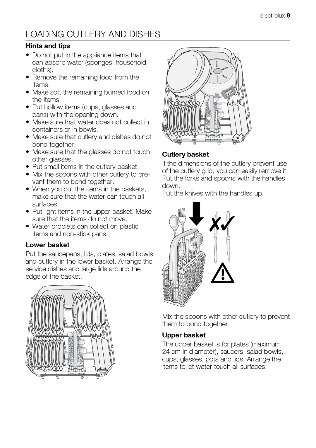 Electrolux ESL 43020 user manual Loading Cutlery and Dishes, Hints and tips, Lower basket, Cutlery basket, Upper basket 