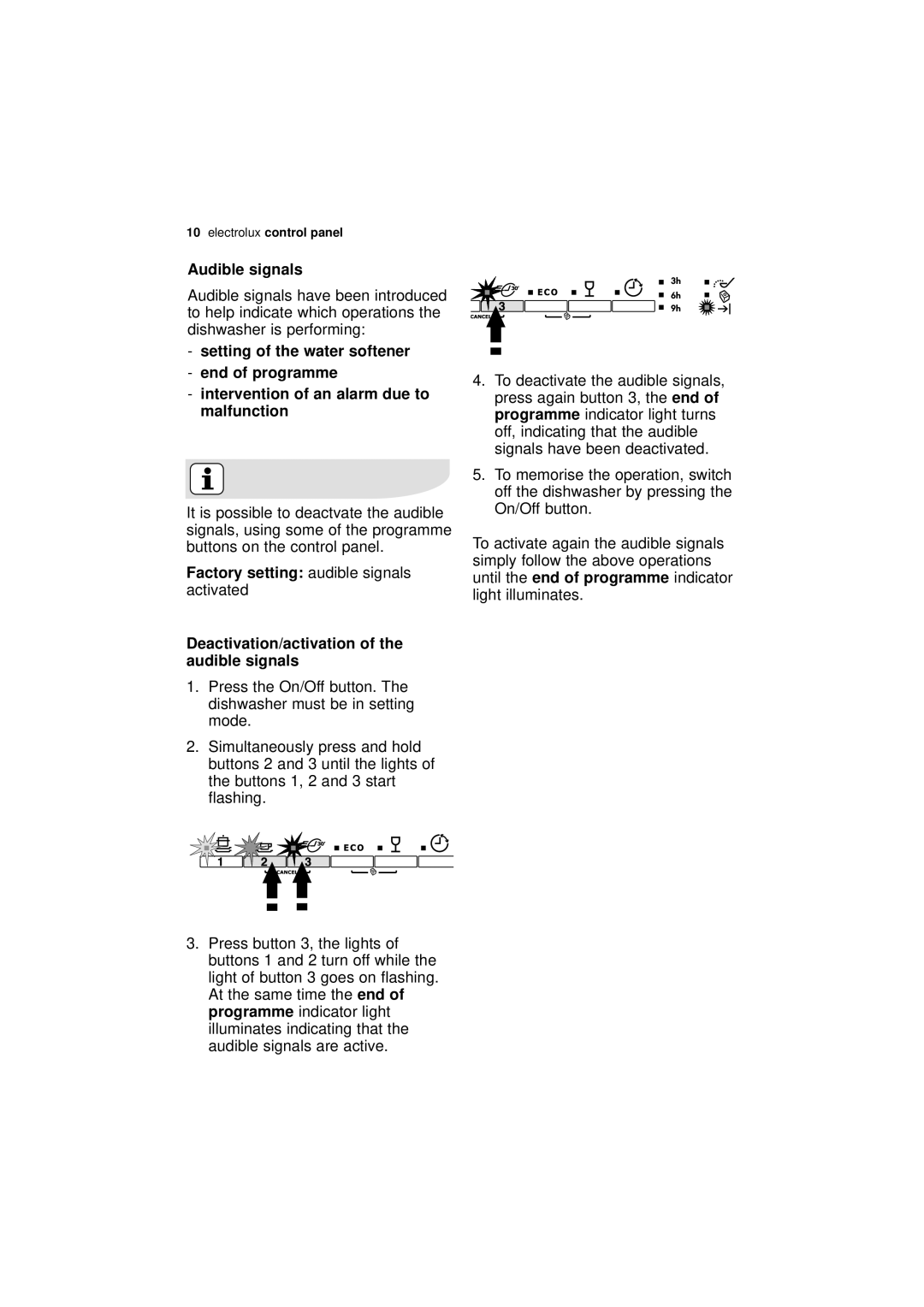 Electrolux ESL 45011 Audible signals, Setting of the water softener End of programme, Factory setting, Programme 