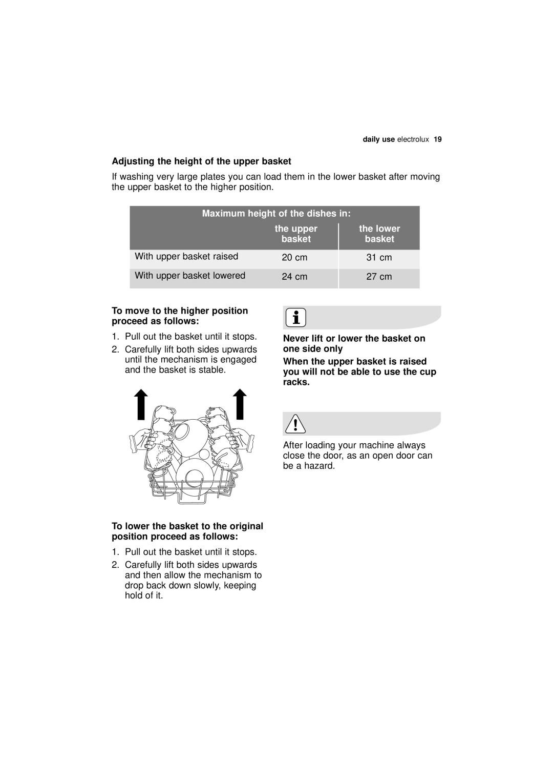 Electrolux ESL 45011 user manual Adjusting the height of the upper basket, 31 cm 27 cm Pull out the basket until it stops 