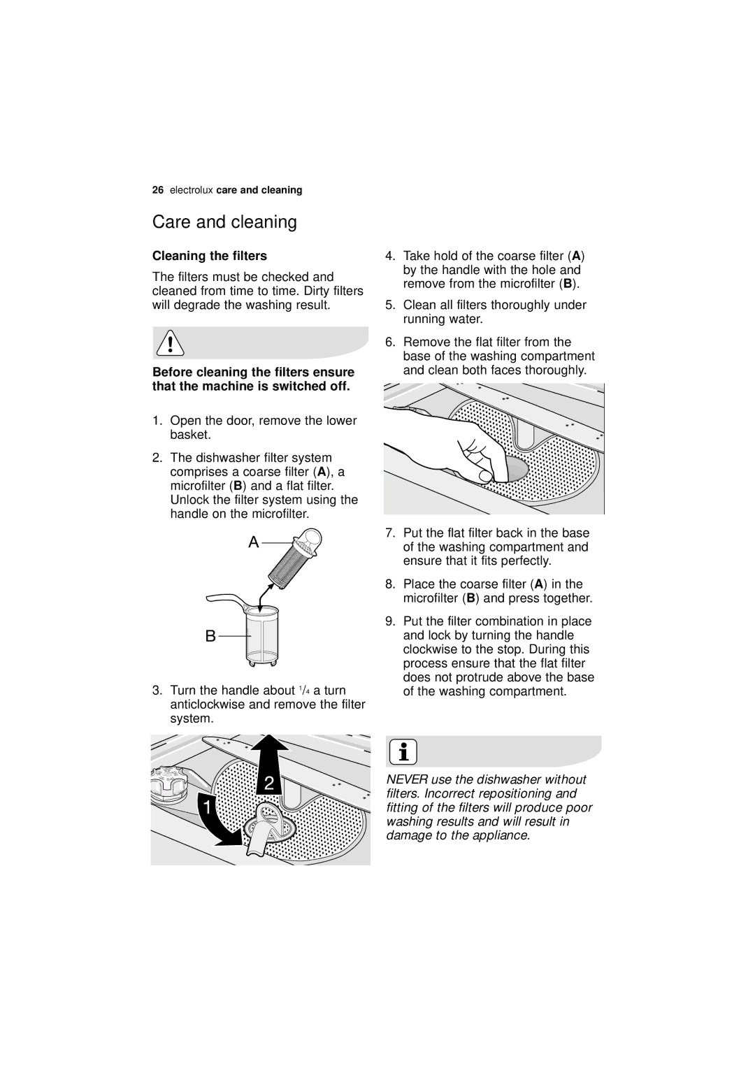 Electrolux ESL 45011 user manual Care and cleaning, Cleaning the filters 