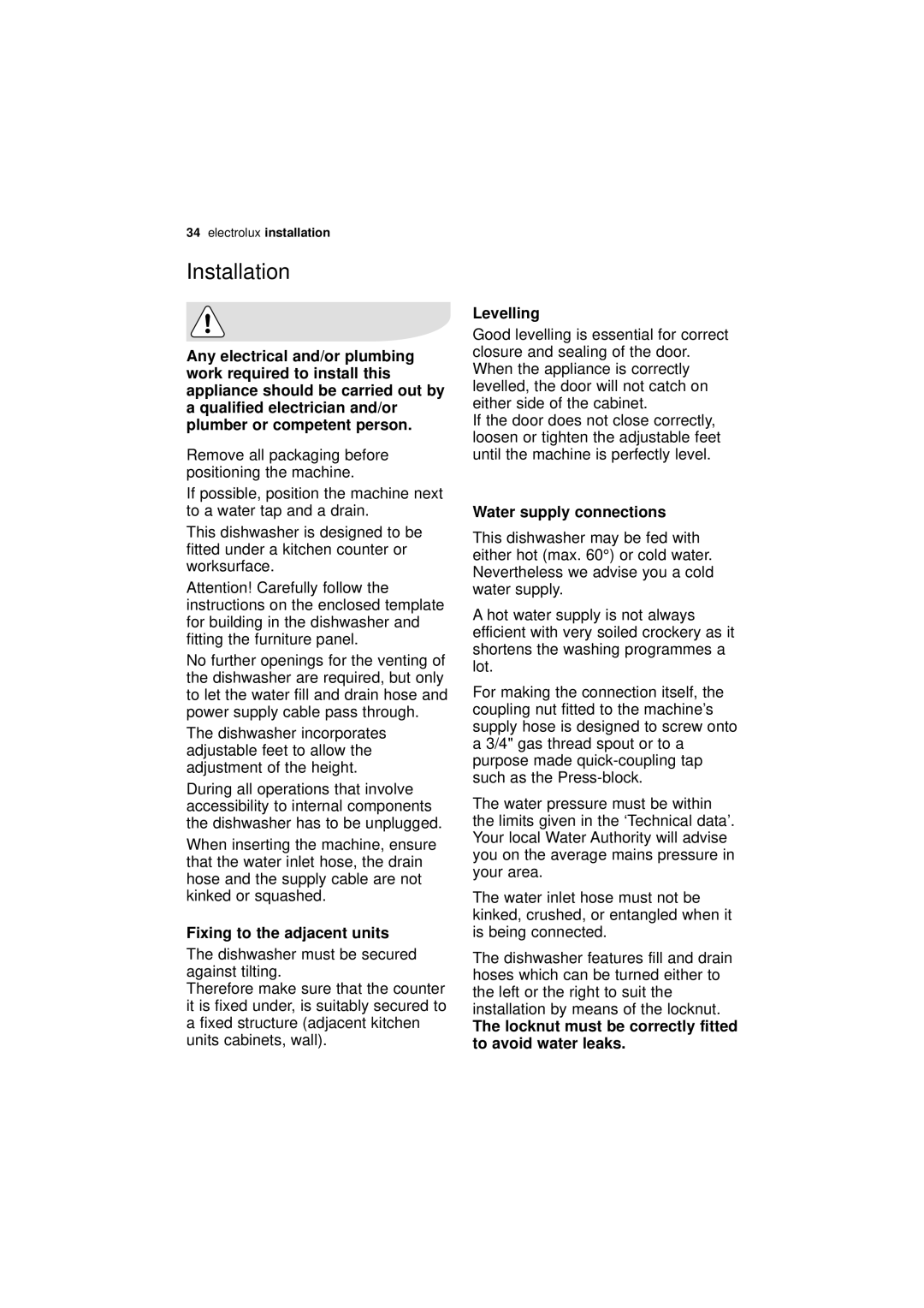 Electrolux ESL 45011 user manual Installation, Fixing to the adjacent units, Levelling, Water supply connections 