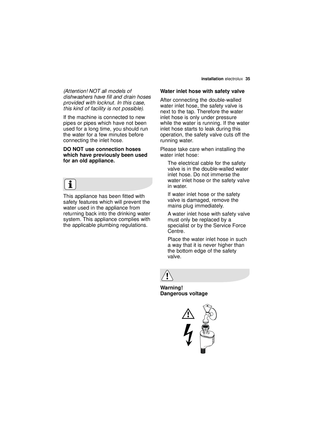 Electrolux ESL 45011 user manual Water inlet hose with safety valve, Please take care when installing the water inlet hose 