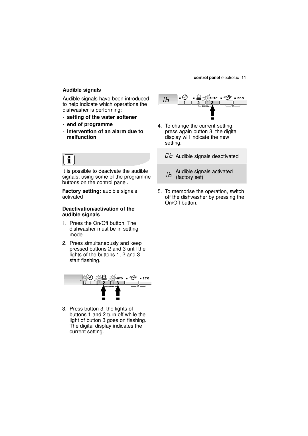 Electrolux ESL 46010 user manual Audible signals, Setting of the water softener End of programme, Factory setting 