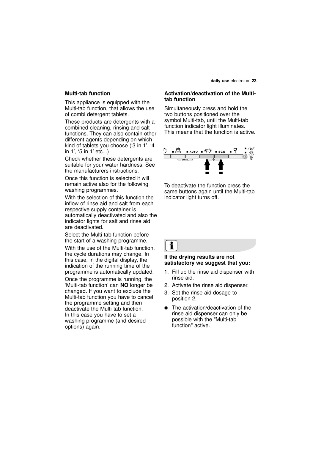 Electrolux ESL 46010 user manual Multi-tab function, Activation/deactivation of the Multi- tab function 