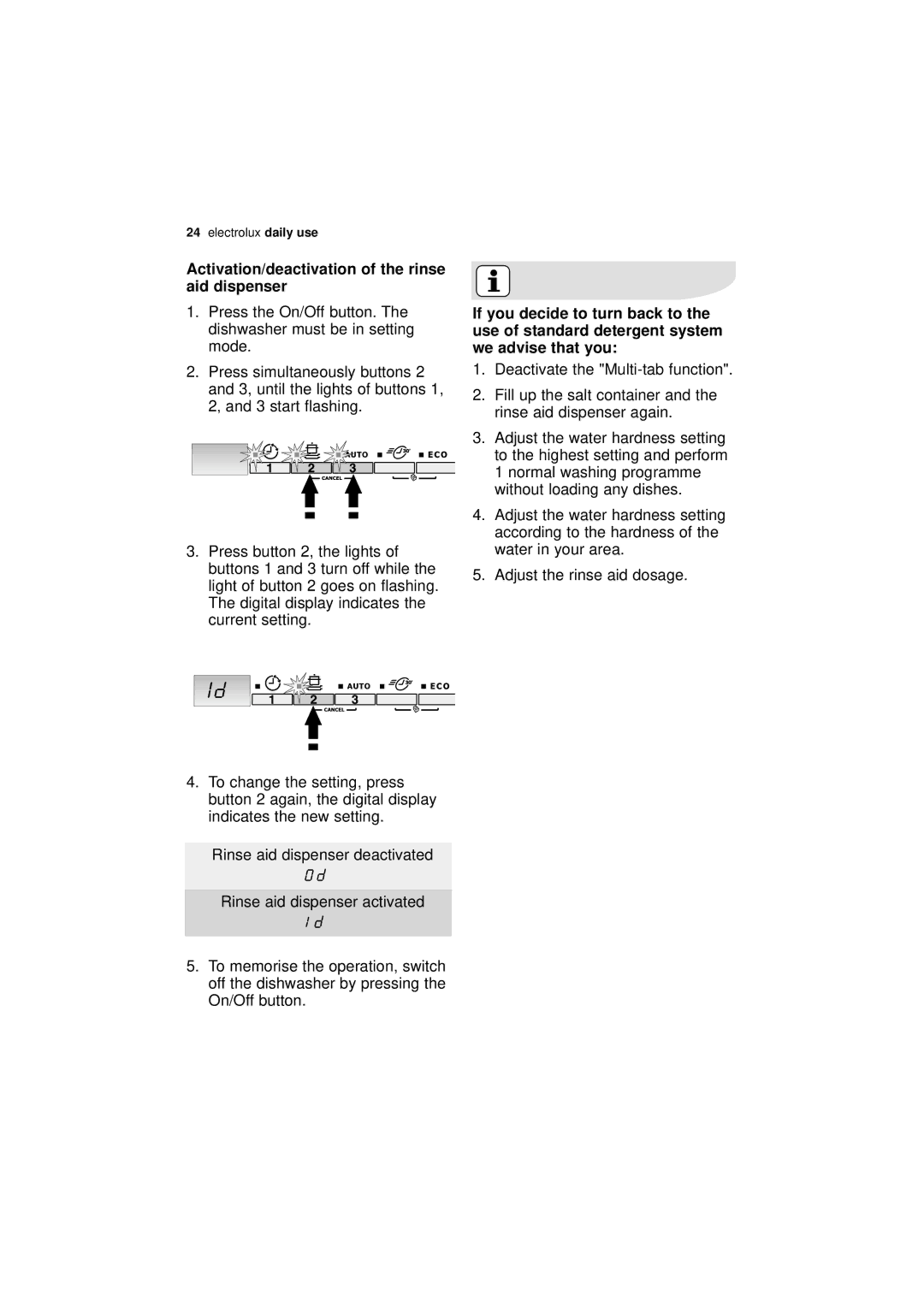 Electrolux ESL 46010 user manual Activation/deactivation of the rinse aid dispenser 