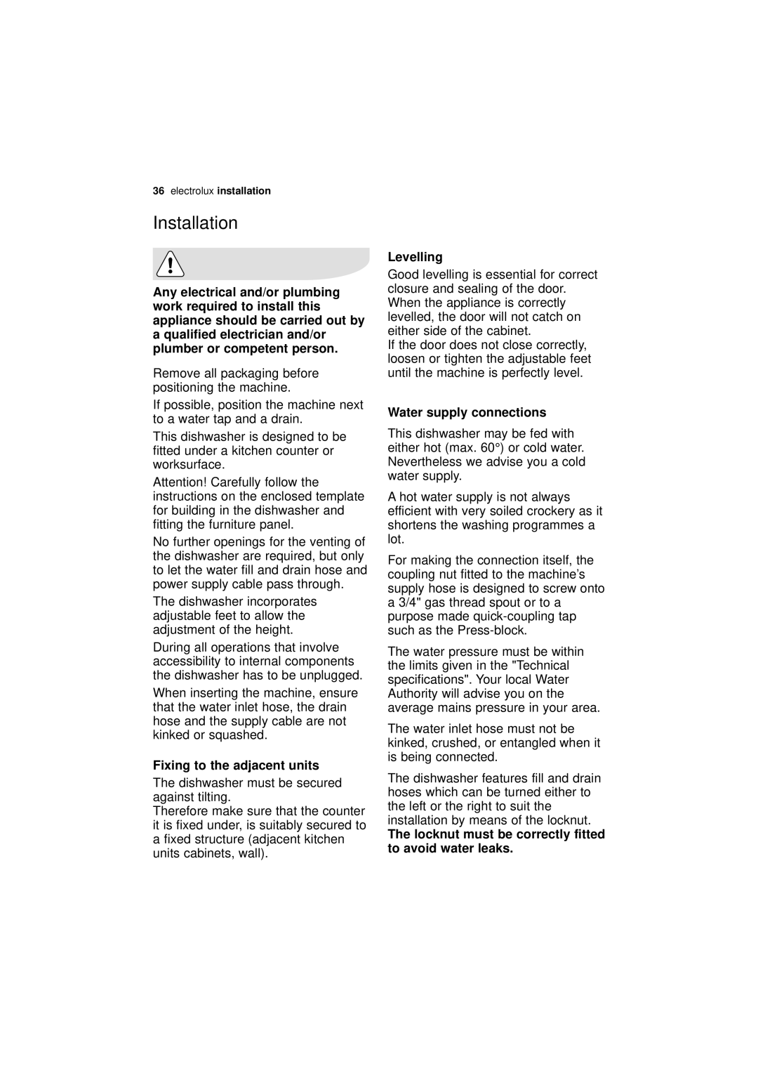 Electrolux ESL 46010 user manual Installation, Fixing to the adjacent units, Levelling, Water supply connections 