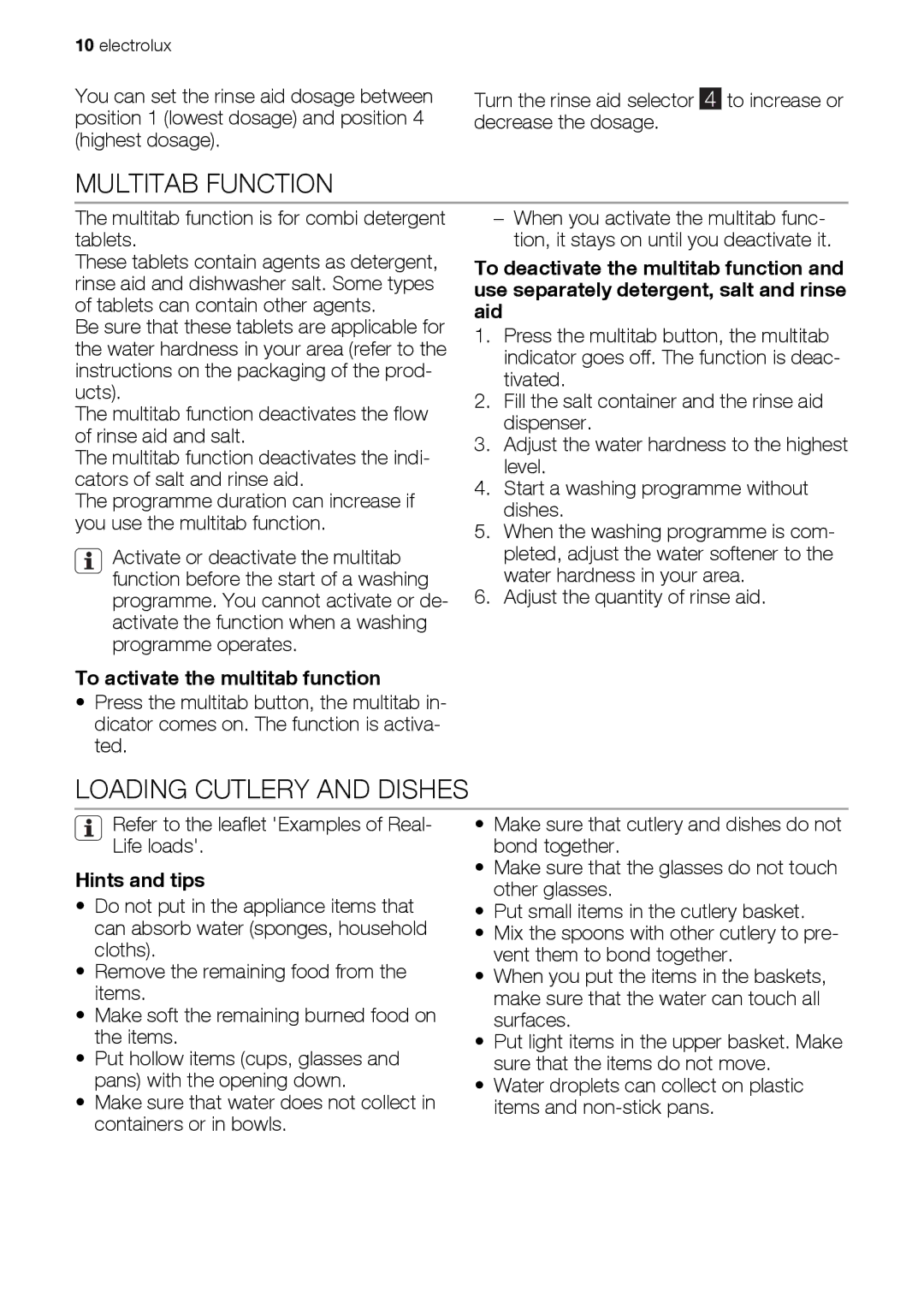 Electrolux ESL 46510 Multitab Function, Loading Cutlery and Dishes, To activate the multitab function, Hints and tips 