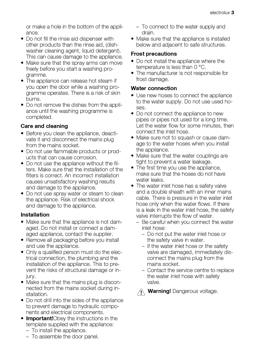 Electrolux ESL 46510 user manual Care and cleaning, Installation, Frost precautions, Water connection 