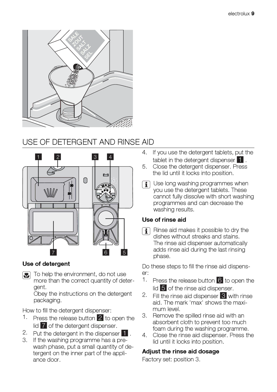 Electrolux ESL 46510 USE of Detergent and Rinse AID, Use of detergent, Use of rinse aid, Adjust the rinse aid dosage 