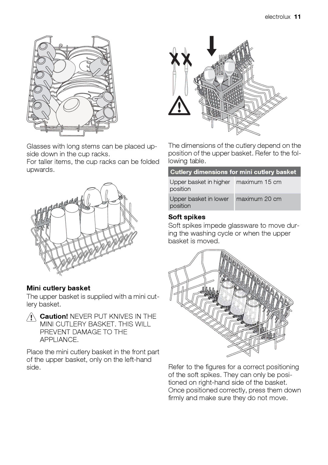 Electrolux ESL 47020 user manual Mini cutlery basket, Soft spikes, Cutlery dimensions for mini cutlery basket 