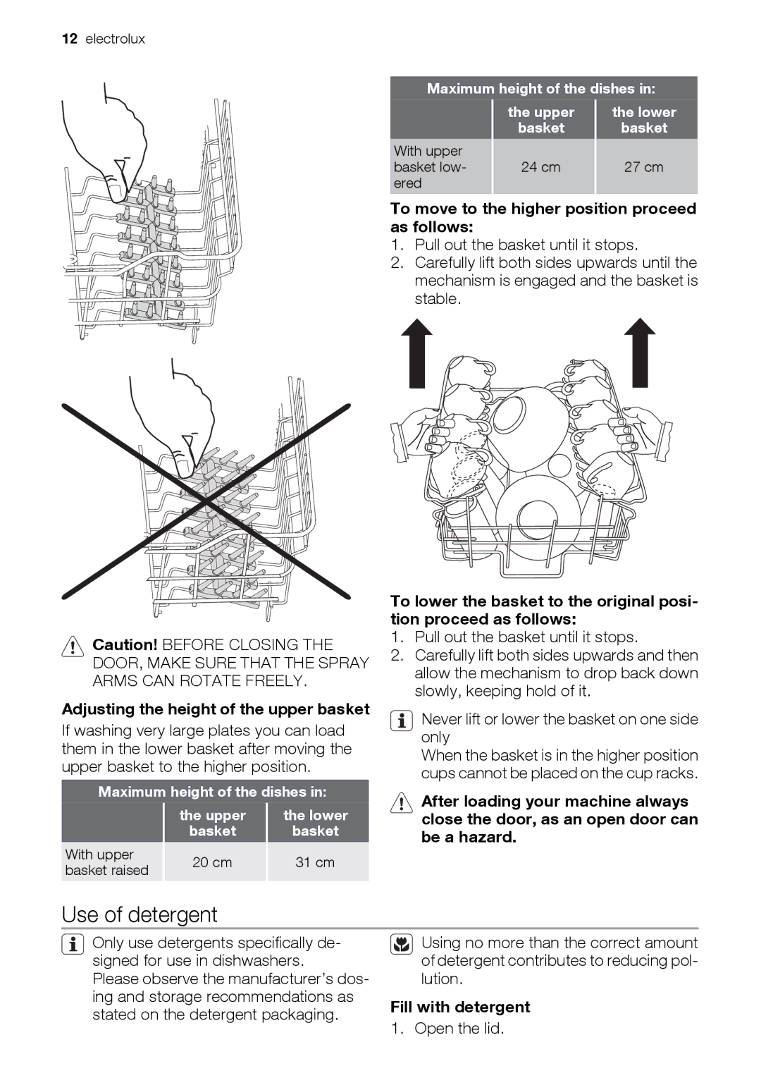 Electrolux ESL 47020 Use of detergent, Adjusting the height of the upper basket, Fill with detergent, Open the lid 