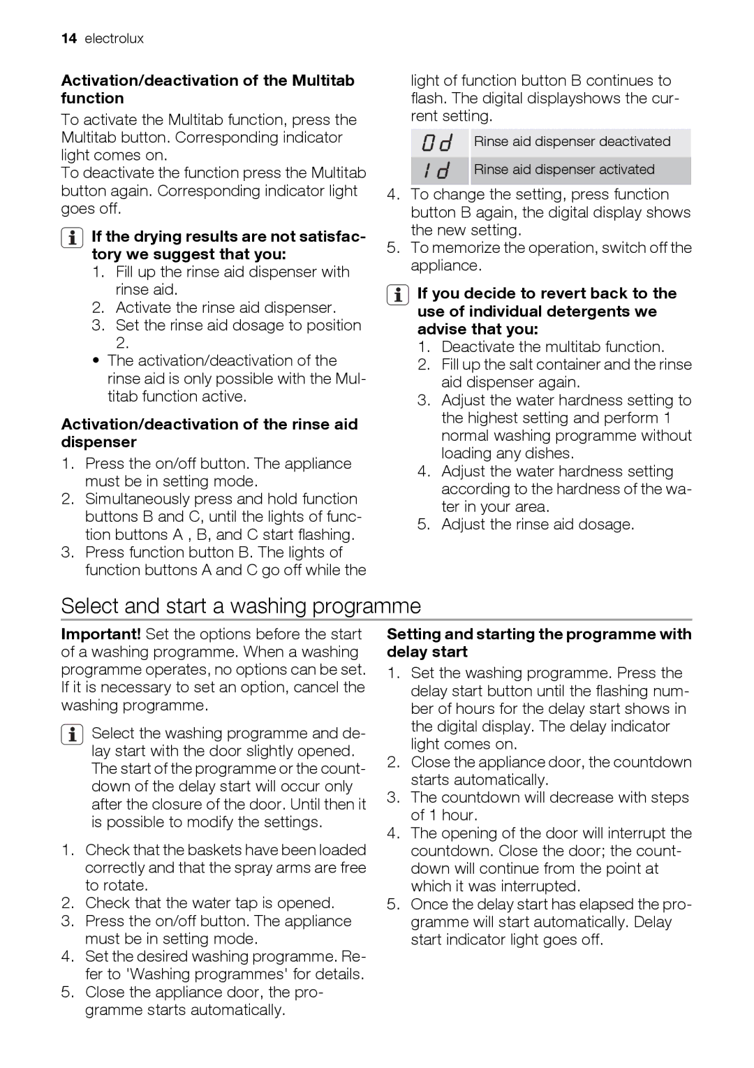 Electrolux ESL 47020 user manual Select and start a washing programme, Activation/deactivation of the Multitab function 