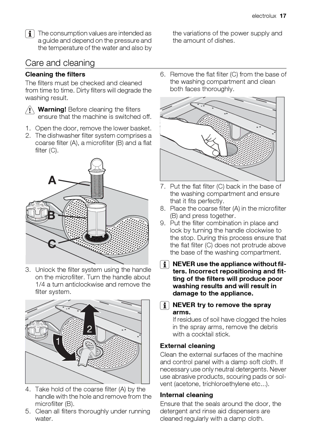 Electrolux ESL 47020 Care and cleaning, Variations of the power supply and the amount of dishes, Cleaning the filters 