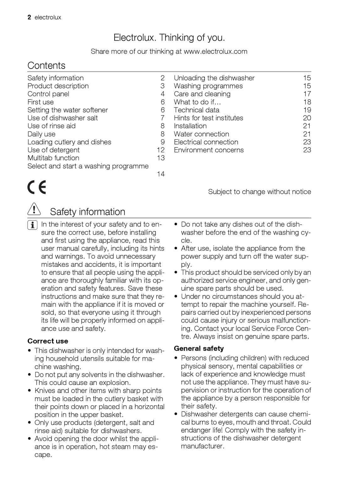 Electrolux ESL 47020 user manual Electrolux. Thinking of you Contents, Safety information 