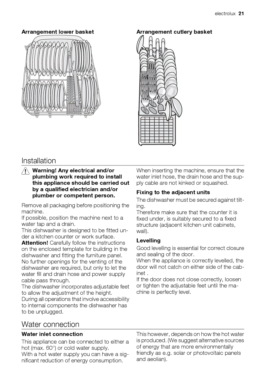 Electrolux ESL 47020 user manual Installation, Water connection 