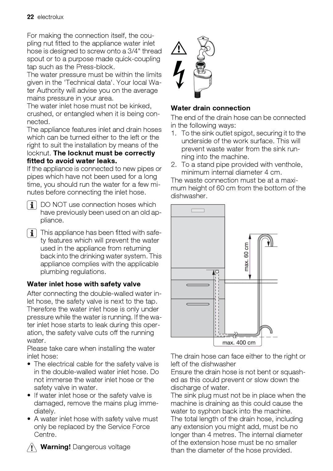 Electrolux ESL 47020 user manual Water inlet hose with safety valve, Water drain connection 