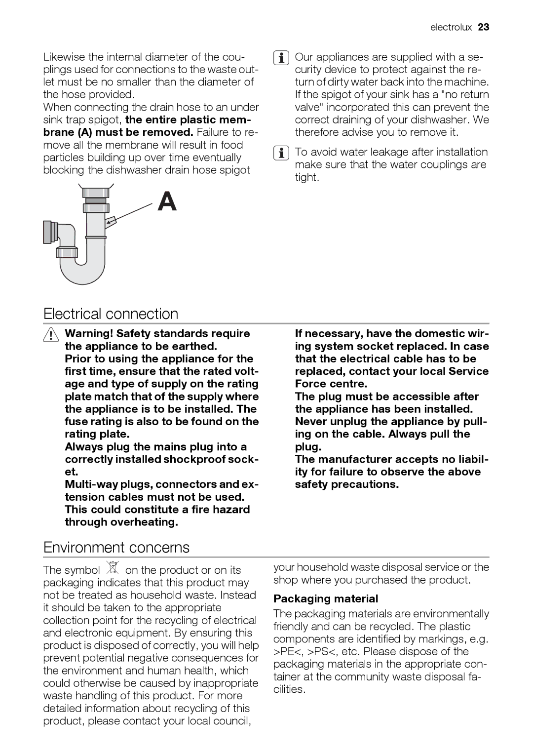 Electrolux ESL 47020 user manual Electrical connection, Environment concerns, Packaging material 