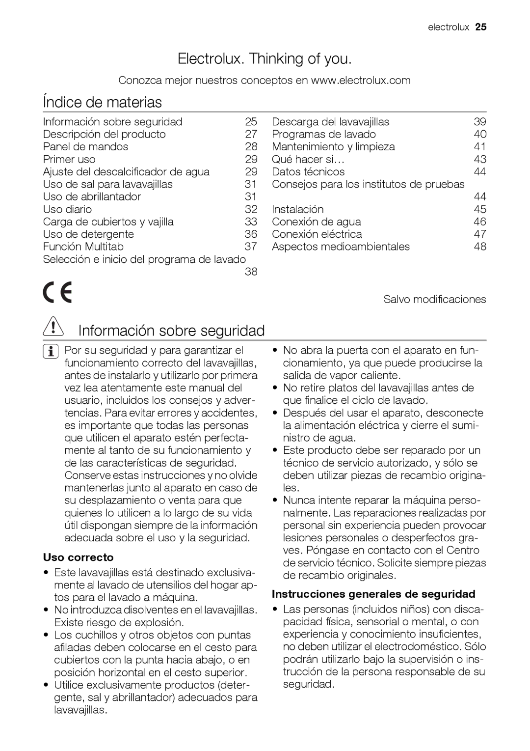 Electrolux ESL 47020 user manual Electrolux. Thinking of you Índice de materias, Información sobre seguridad, Uso correcto 