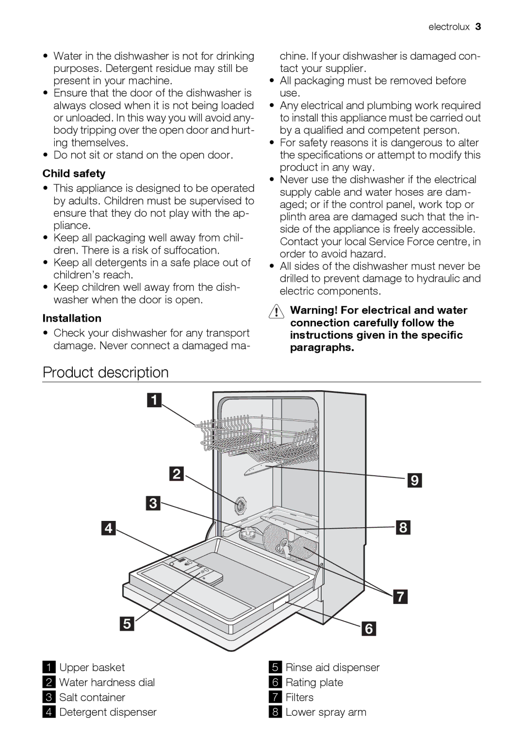 Electrolux ESL 47020 user manual Product description, Child safety, Installation 