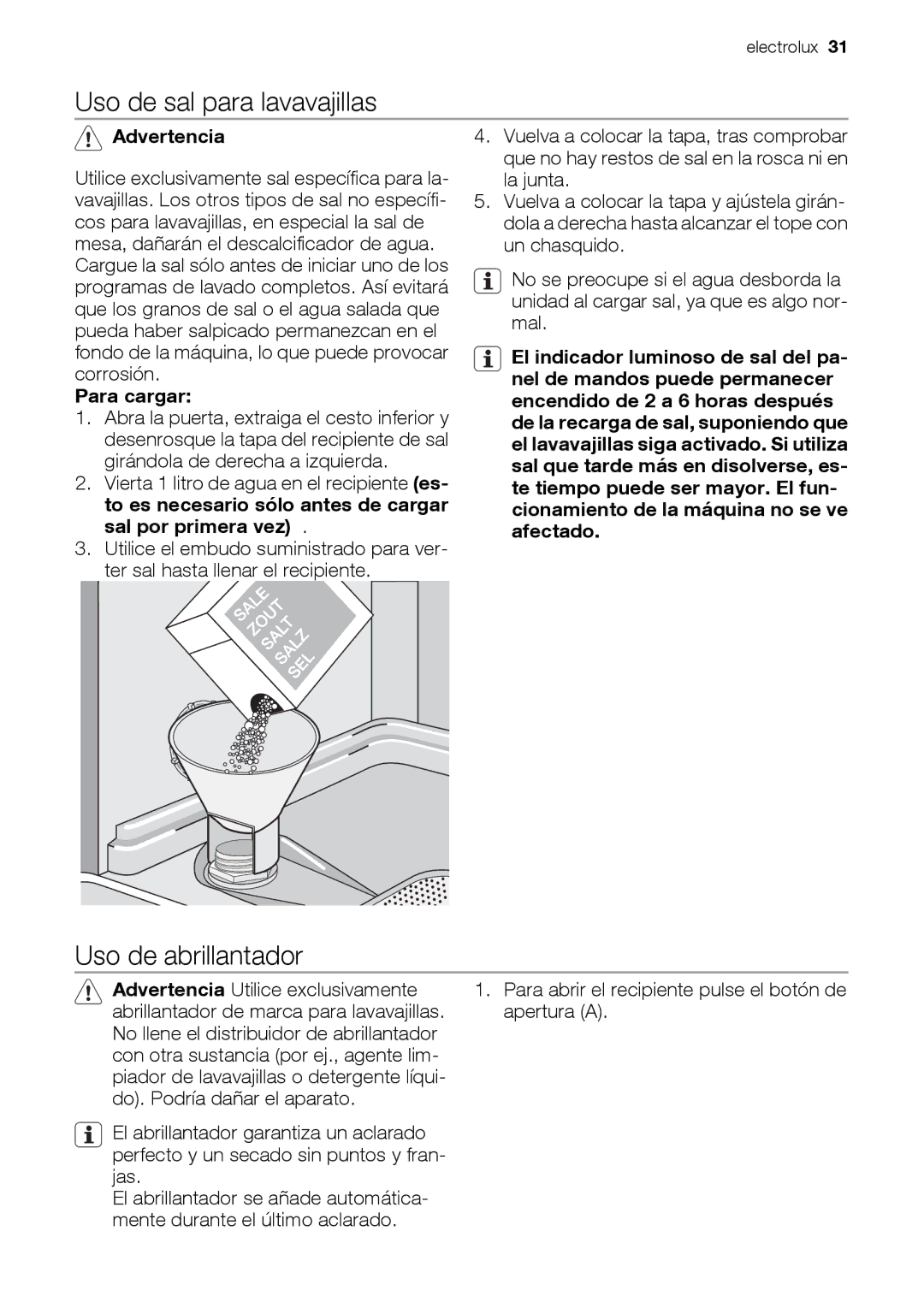 Electrolux ESL 47020 user manual Uso de sal para lavavajillas, Uso de abrillantador, Advertencia, Para cargar 