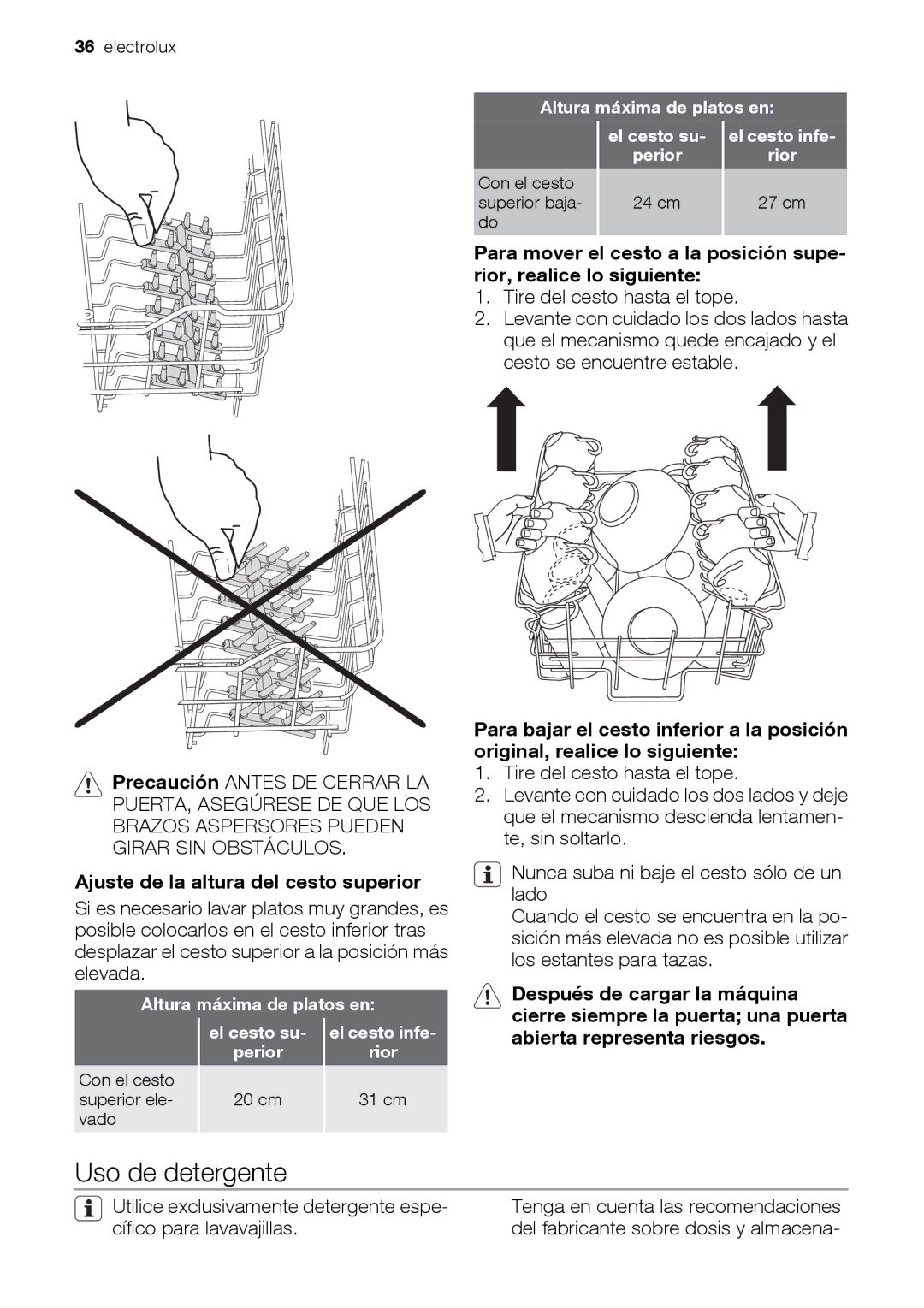 Electrolux ESL 47020 user manual Uso de detergente, Ajuste de la altura del cesto superior, Tire del cesto hasta el tope 