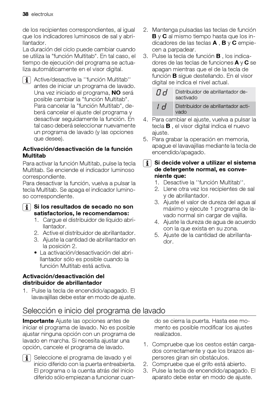 Electrolux ESL 47020 user manual Selección e inicio del programa de lavado, Activación/desactivación de la función Multitab 