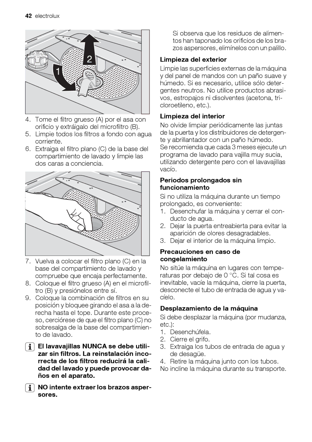 Electrolux ESL 47020 user manual Limpieza del exterior, Limpieza del interior, Periodos prolongados sin funcionamiento 