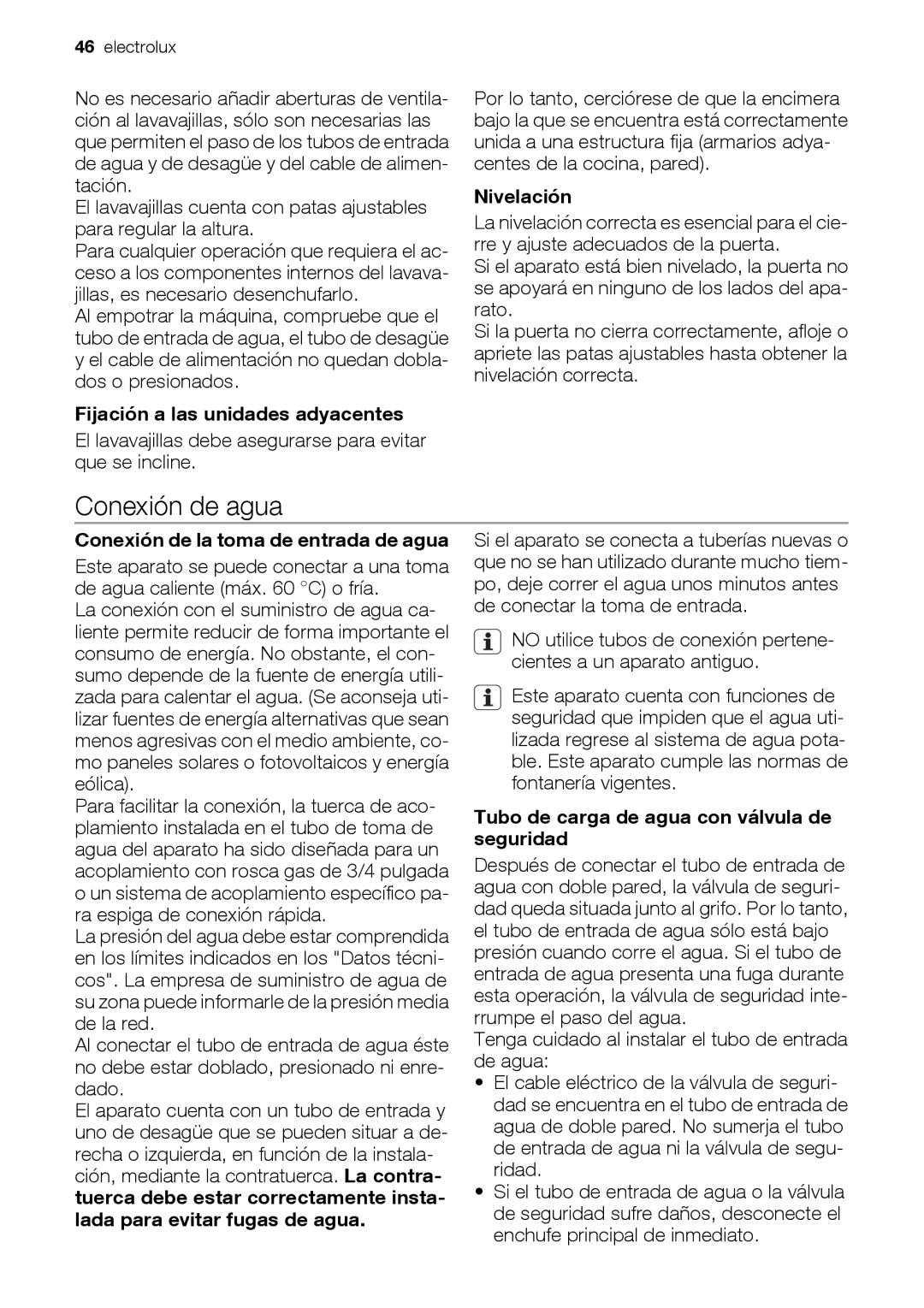 Electrolux ESL 47020 user manual Conexión de agua, Fijación a las unidades adyacentes, Nivelación 