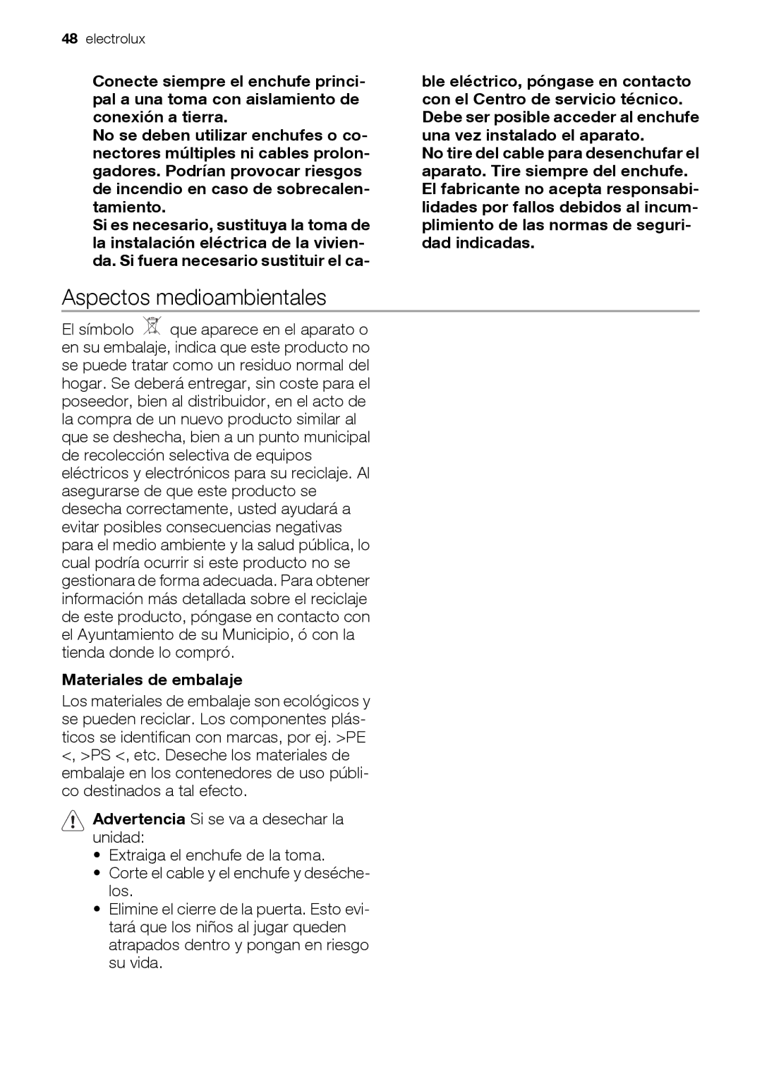 Electrolux ESL 47020 user manual Aspectos medioambientales, Materiales de embalaje 