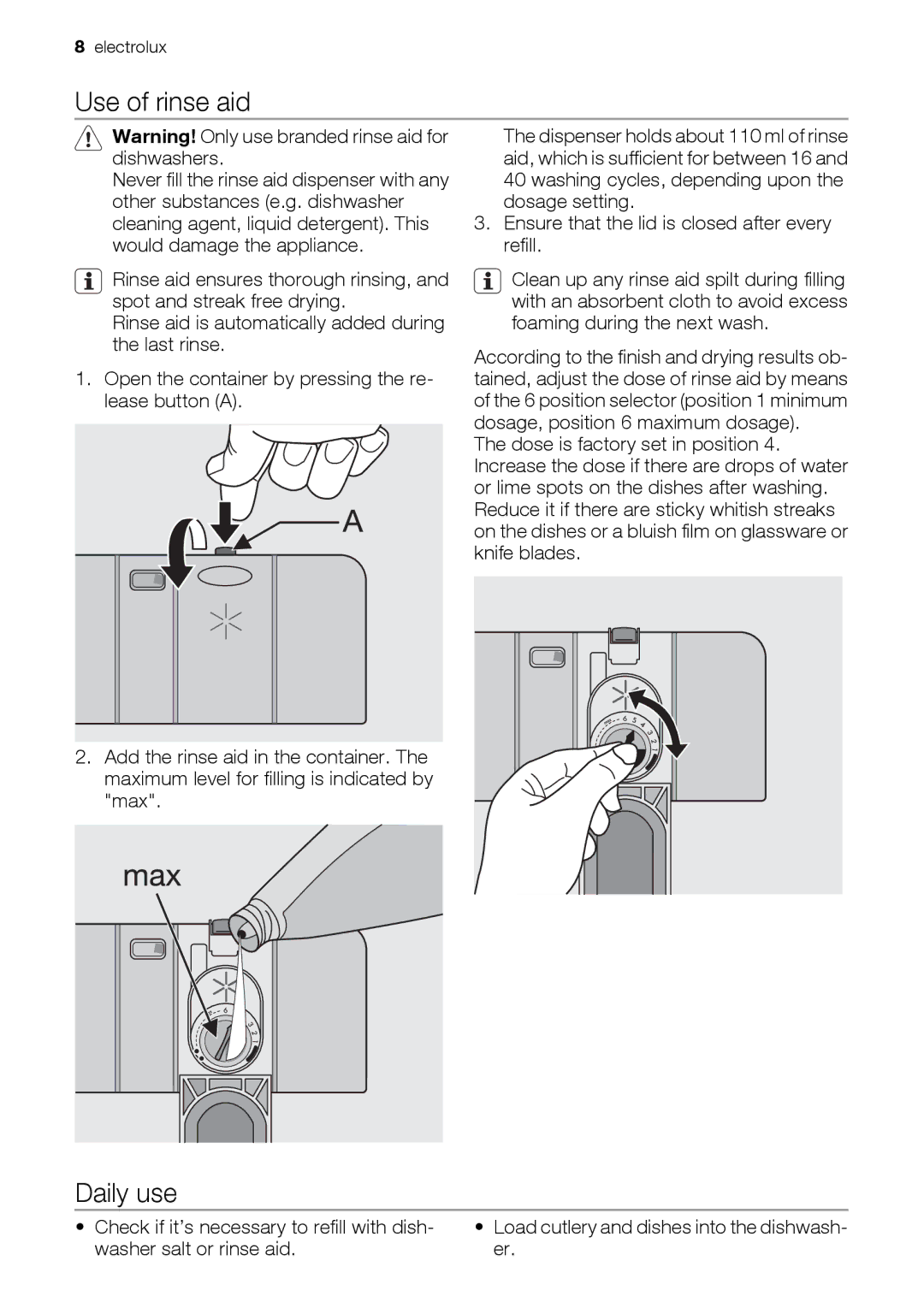 Electrolux ESL 47020 user manual Use of rinse aid, Daily use 