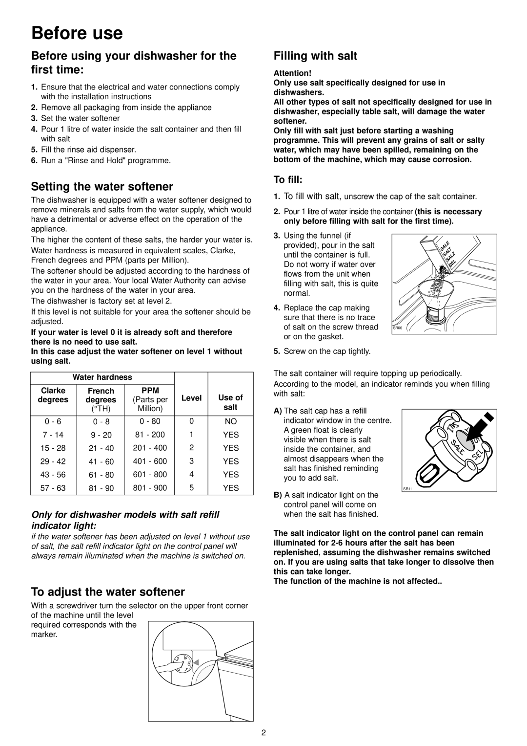 Electrolux ESL 6114 manual Before use, Before using your dishwasher for the first time, Setting the water softener 