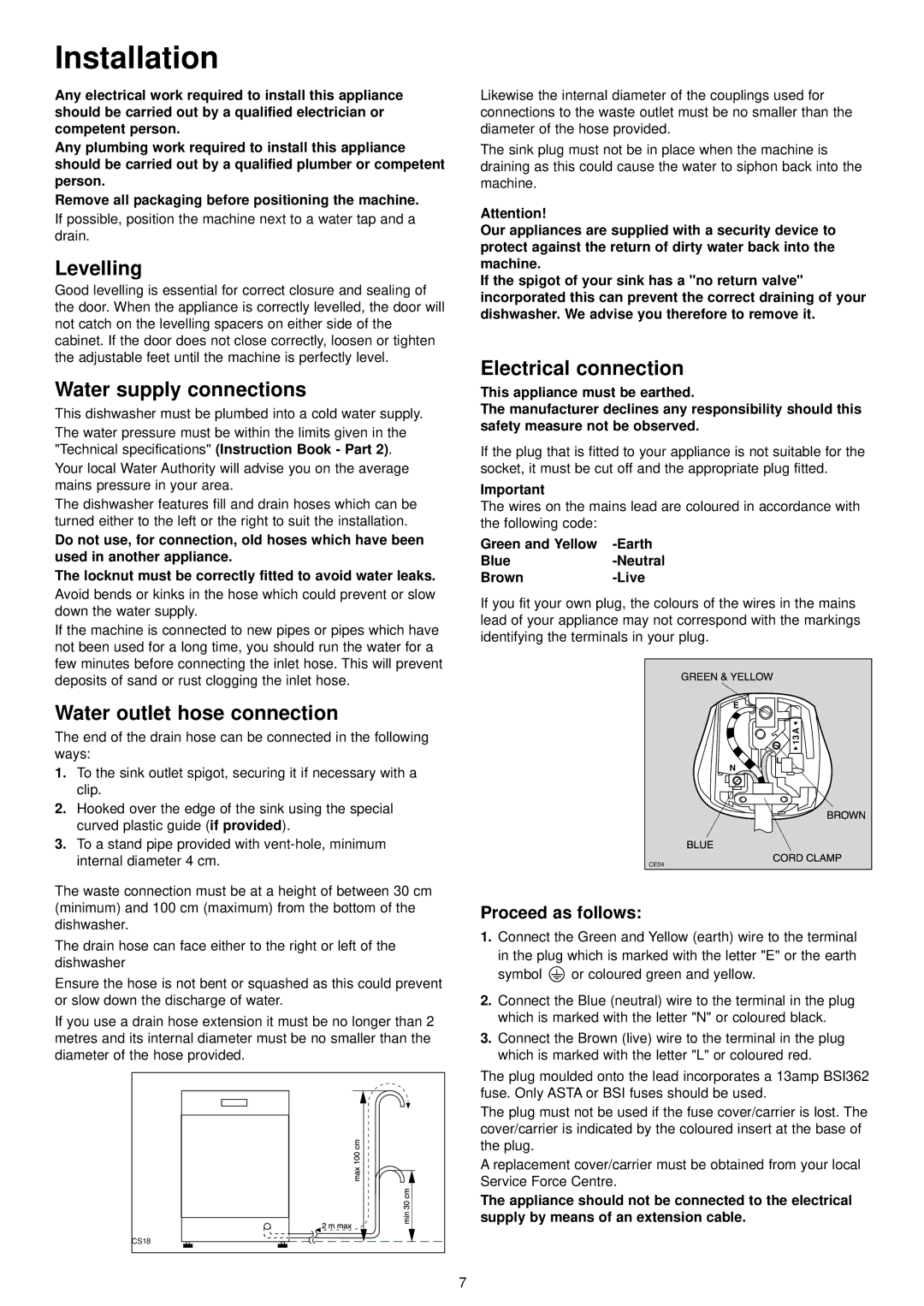 Electrolux ESL 6114 manual Installation, Water supply connections, Water outlet hose connection, Electrical connection 