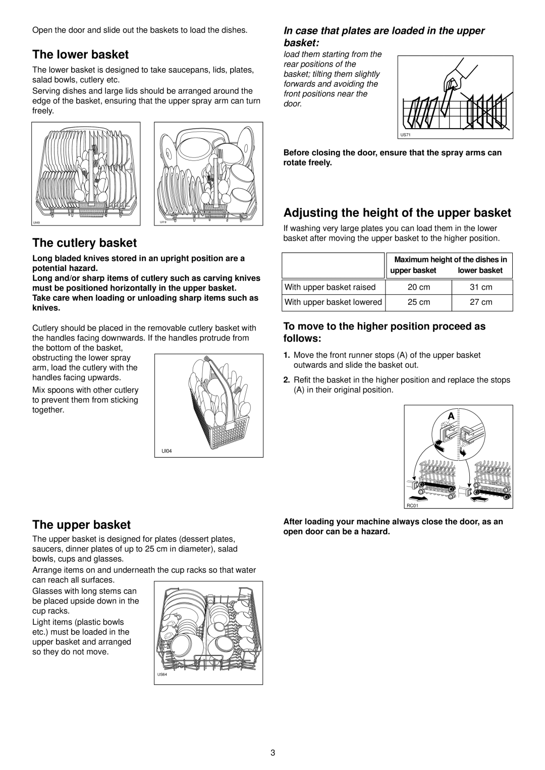 Electrolux ESL 6114 manual Lower basket, Adjusting the height of the upper basket, Cutlery basket, Upper basket 