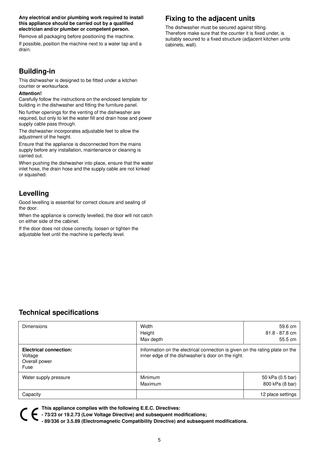 Electrolux ESL 6114 Fixing to the adjacent units, Building-in, Levelling, Technical specifications, Electrical connection 