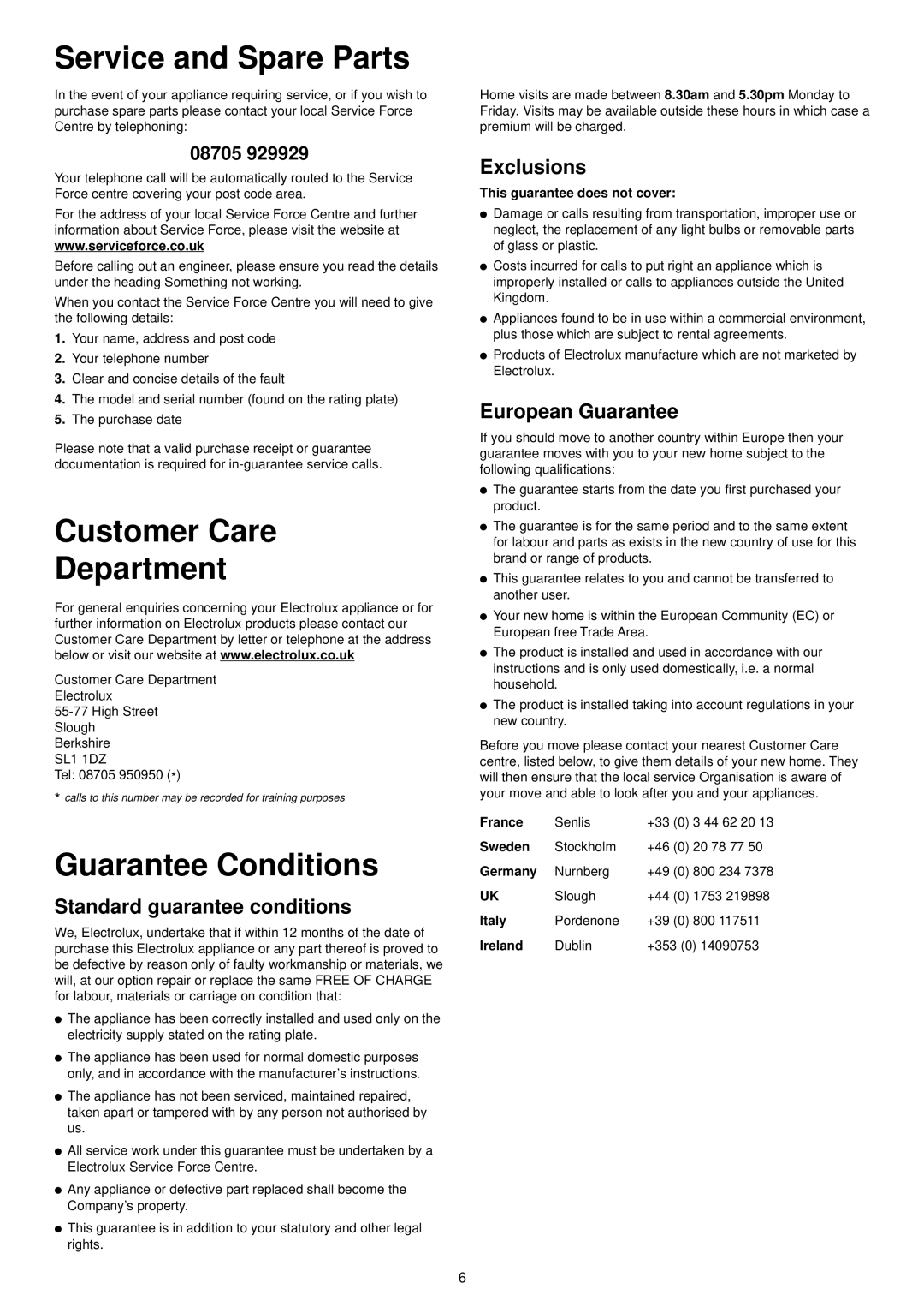 Electrolux ESL 6114 manual Service and Spare Parts, Customer Care Department, Guarantee Conditions 