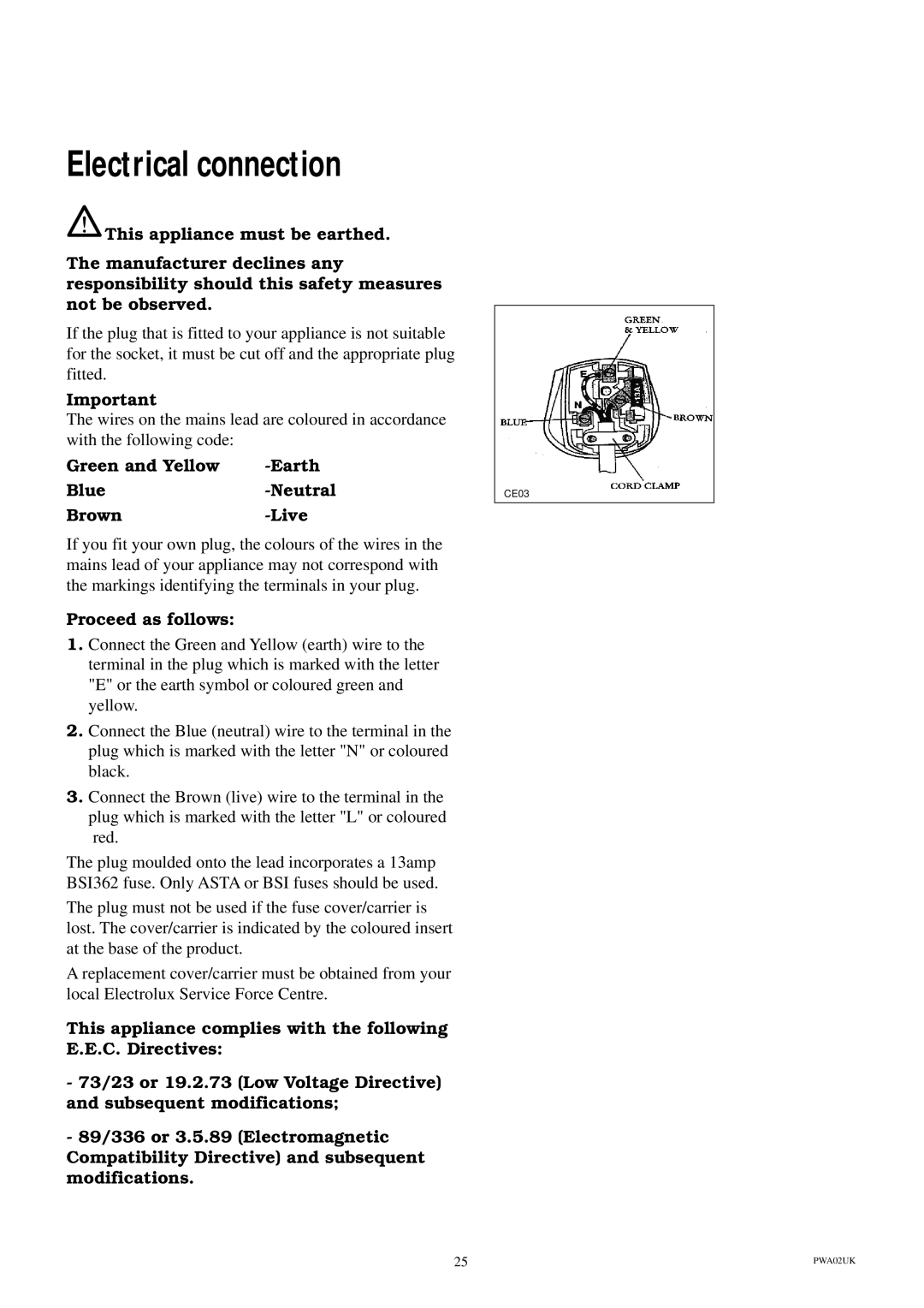 Electrolux ESL 614 manual Electrical connection, Green and Yellow Earth Blue Neutral Brown Live, Proceed as follows 