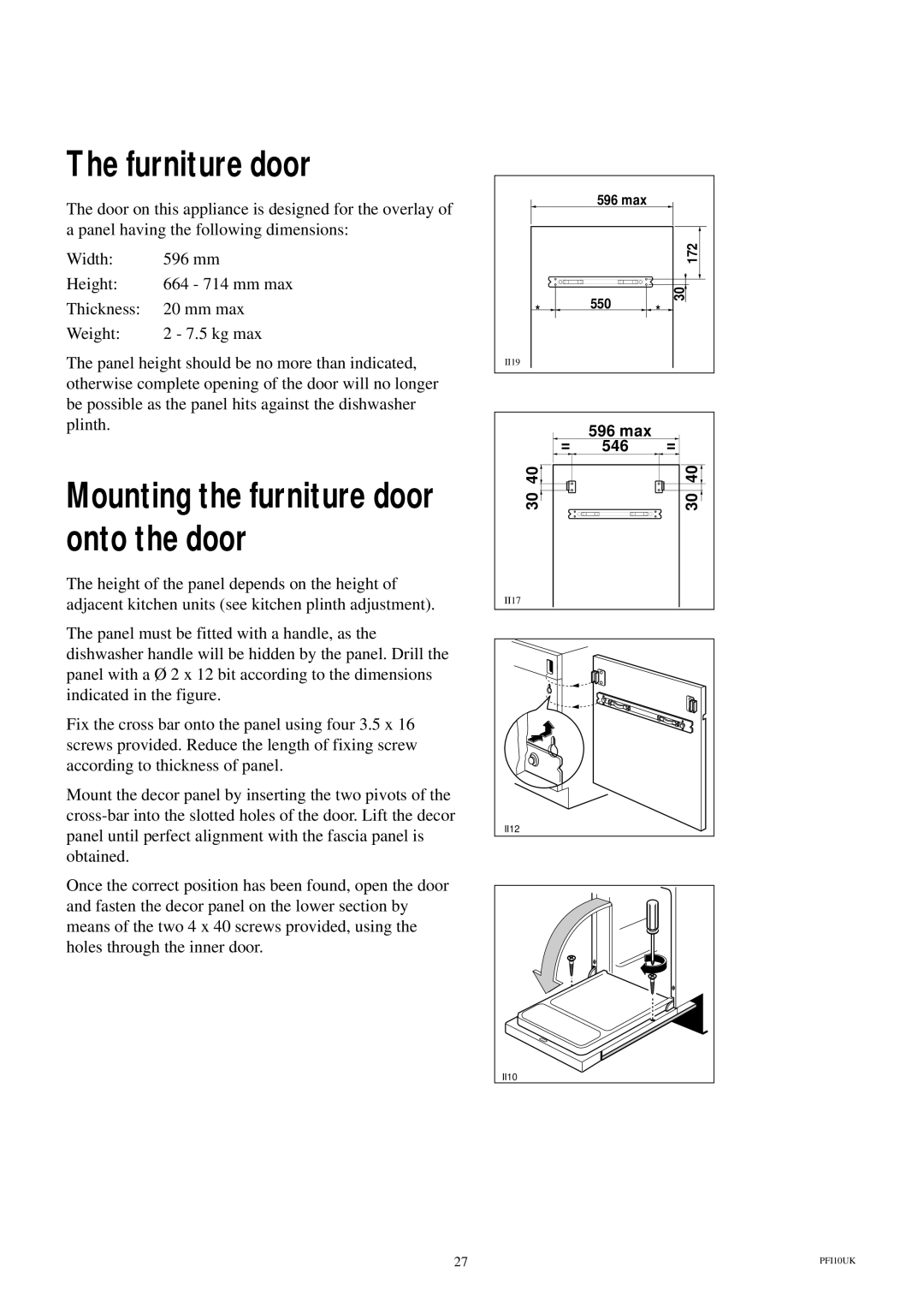 Electrolux ESL 614 manual Furniture door, Mounting the furniture door onto the door 