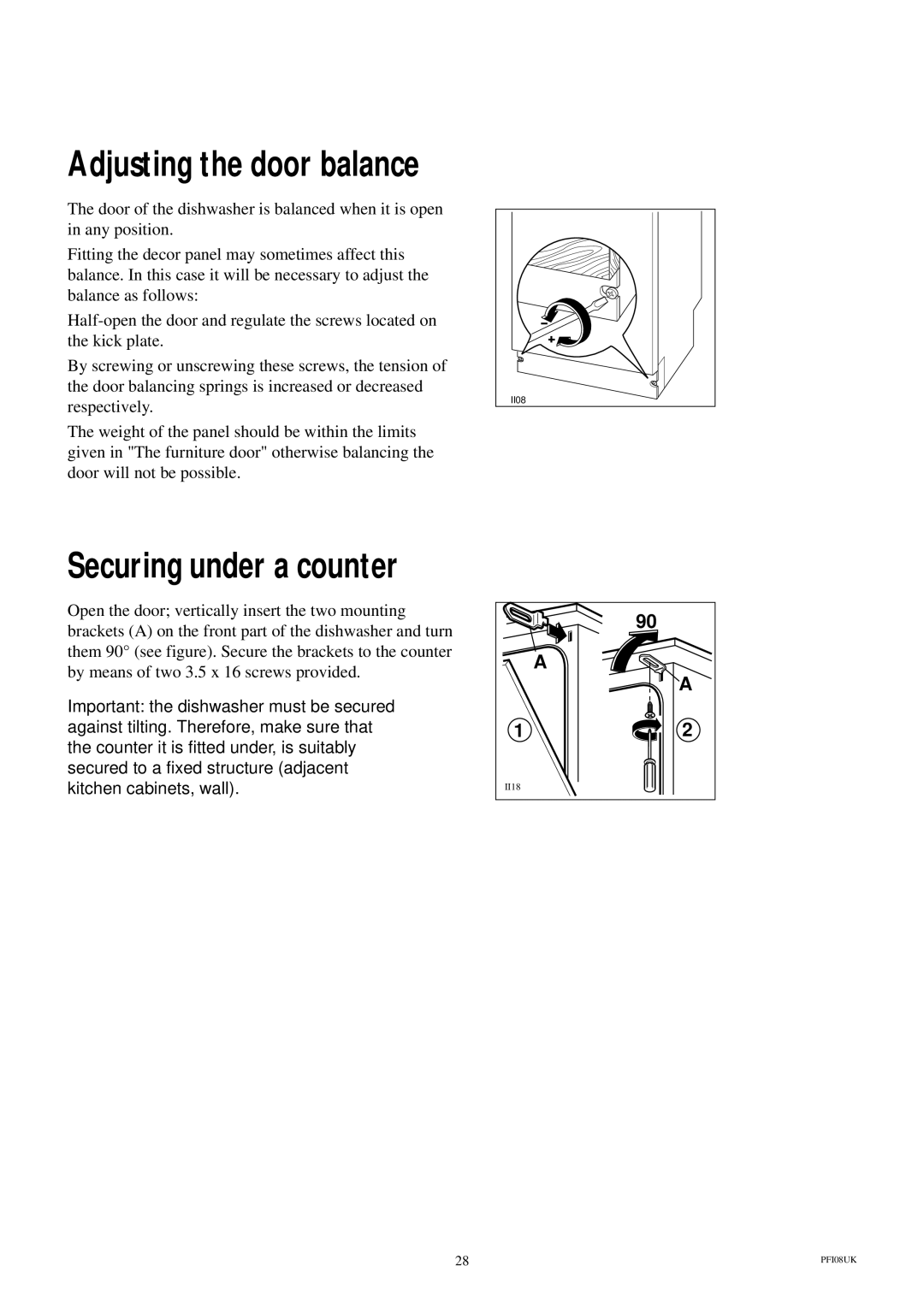 Electrolux ESL 614 manual Securing under a counter, Adjusting the door balance 