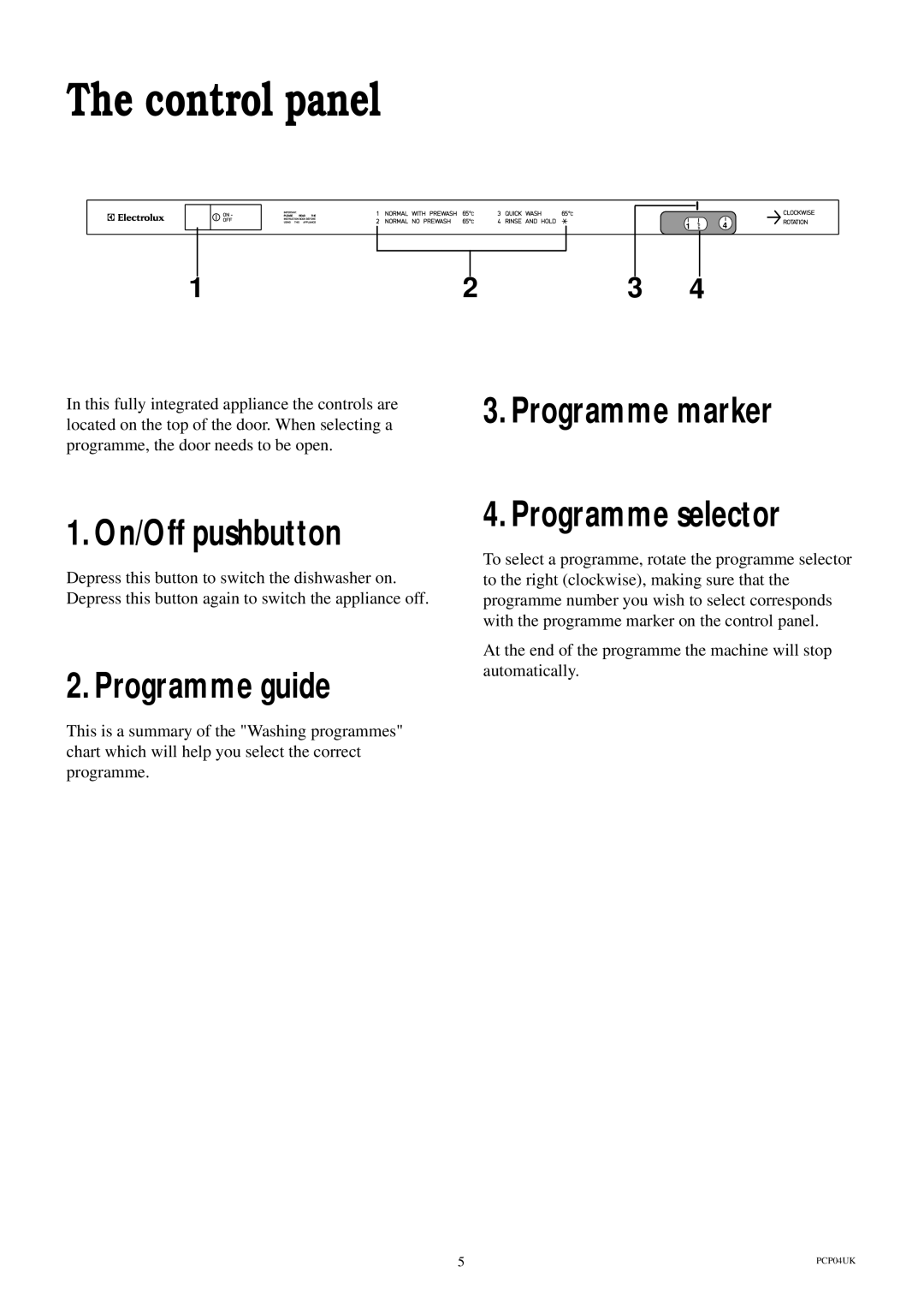 Electrolux ESL 614 manual Control panel, On/Off pushbutton, Programme guide, Programme marker Programme selector 