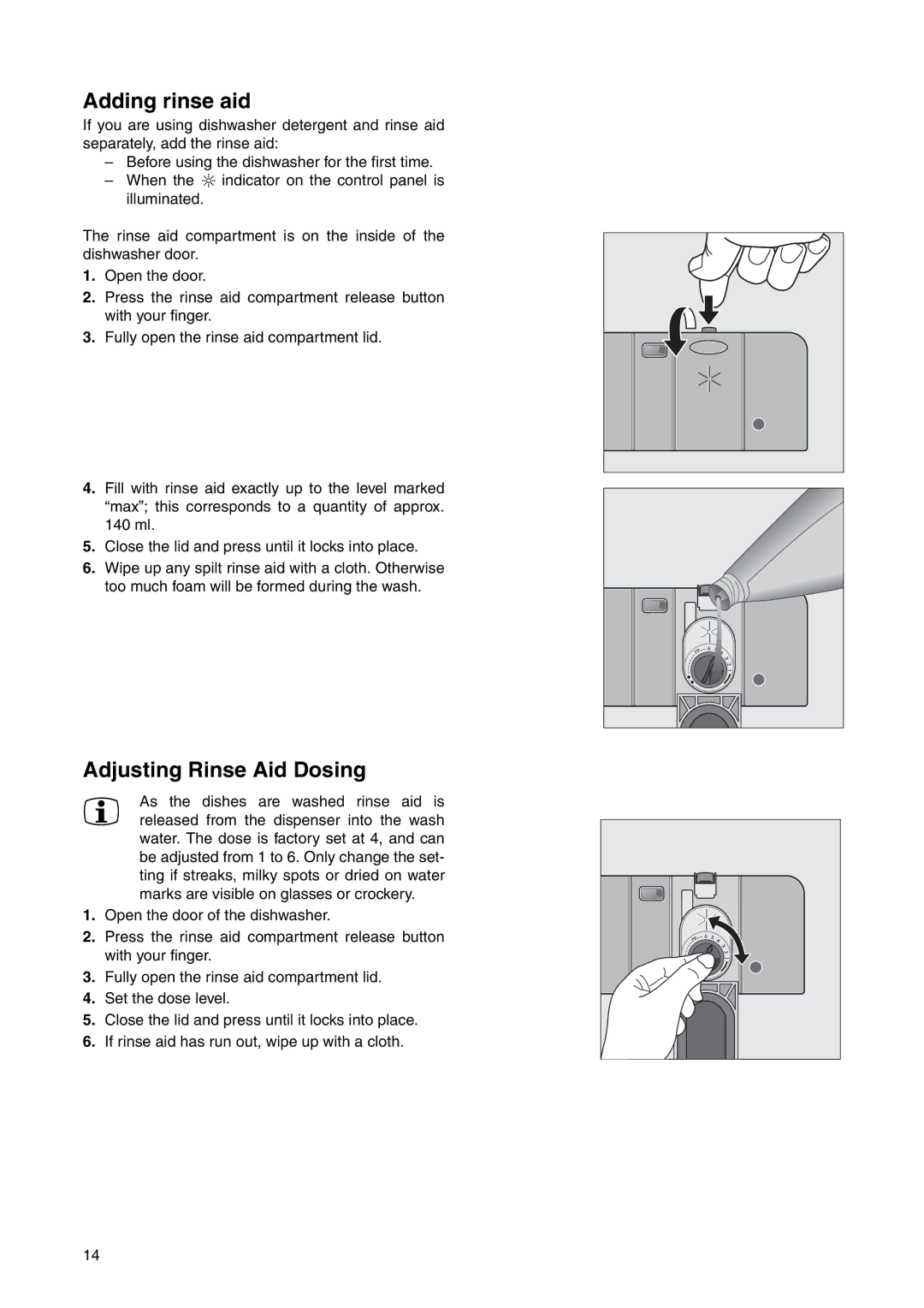 Electrolux ESL 6225 manual Adding rinse aid, Adjusting Rinse Aid Dosing 