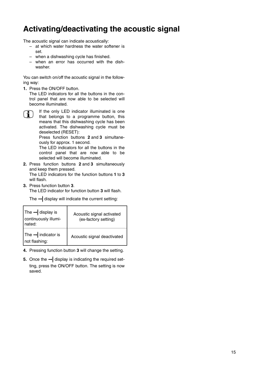 Electrolux ESL 6225 manual Activating/deactivating the acoustic signal 