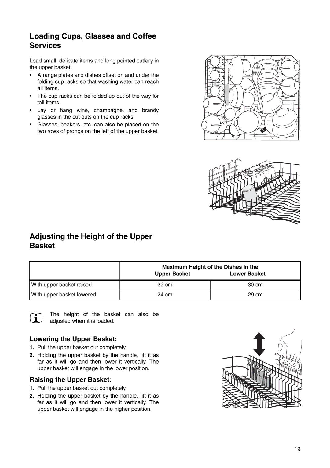 Electrolux ESL 6225 manual Loading Cups, Glasses and Coffee Services, Adjusting the Height of the Upper Basket 