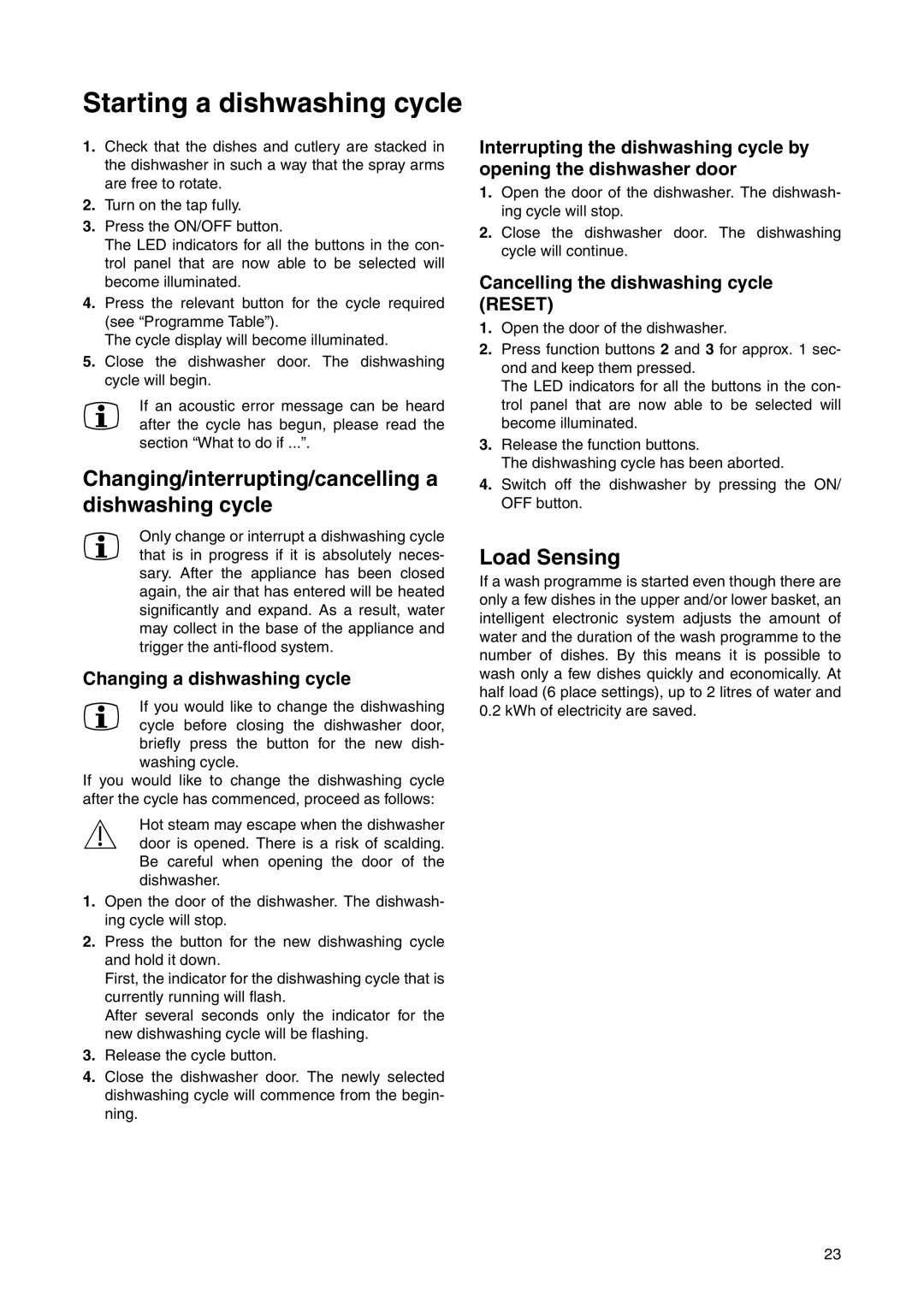 Electrolux ESL 6225 manual Starting a dishwashing cycle, Changing/interrupting/cancelling a dishwashing cycle, Load Sensing 