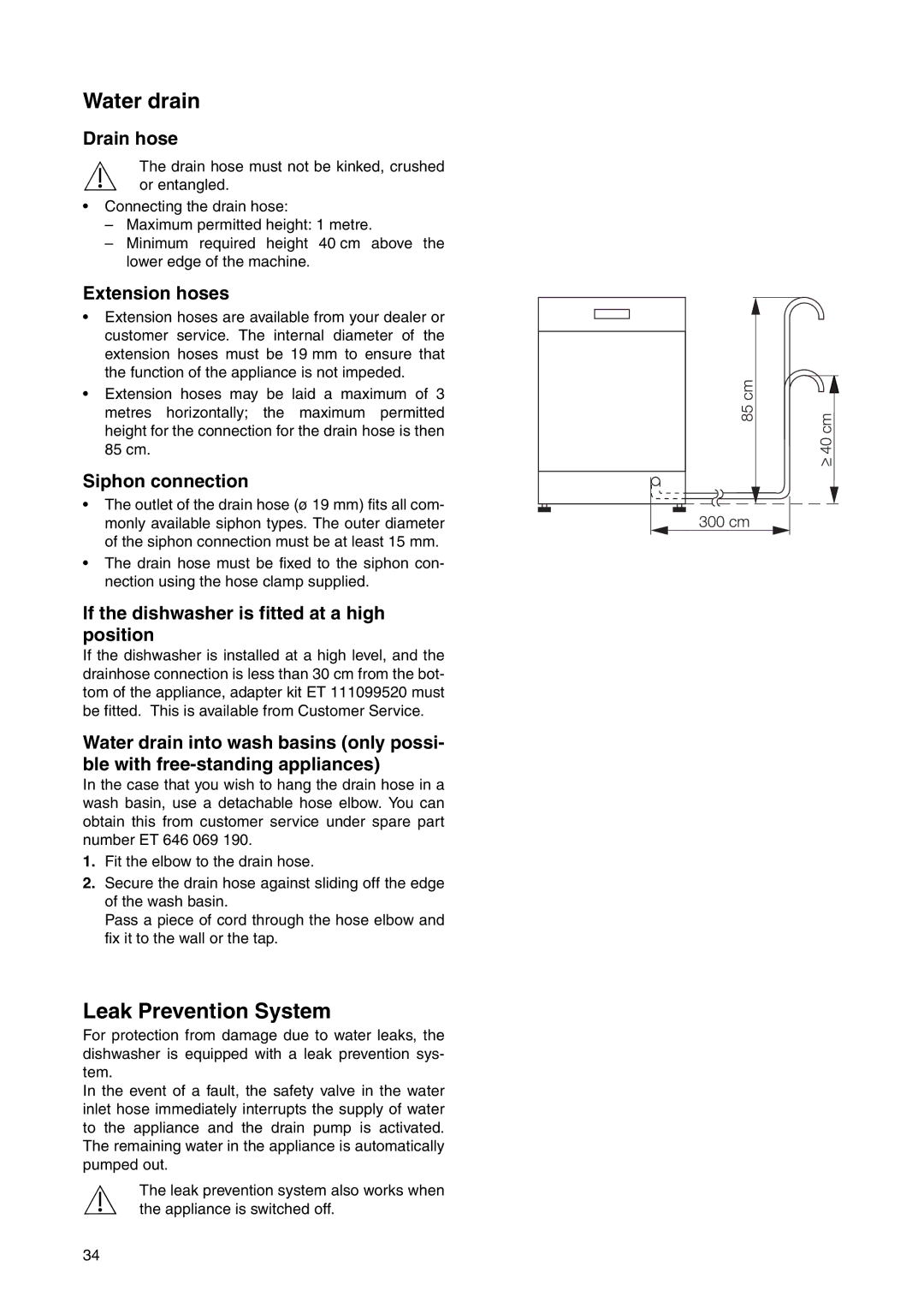 Electrolux ESL 6225 manual Water drain, Leak Prevention System 