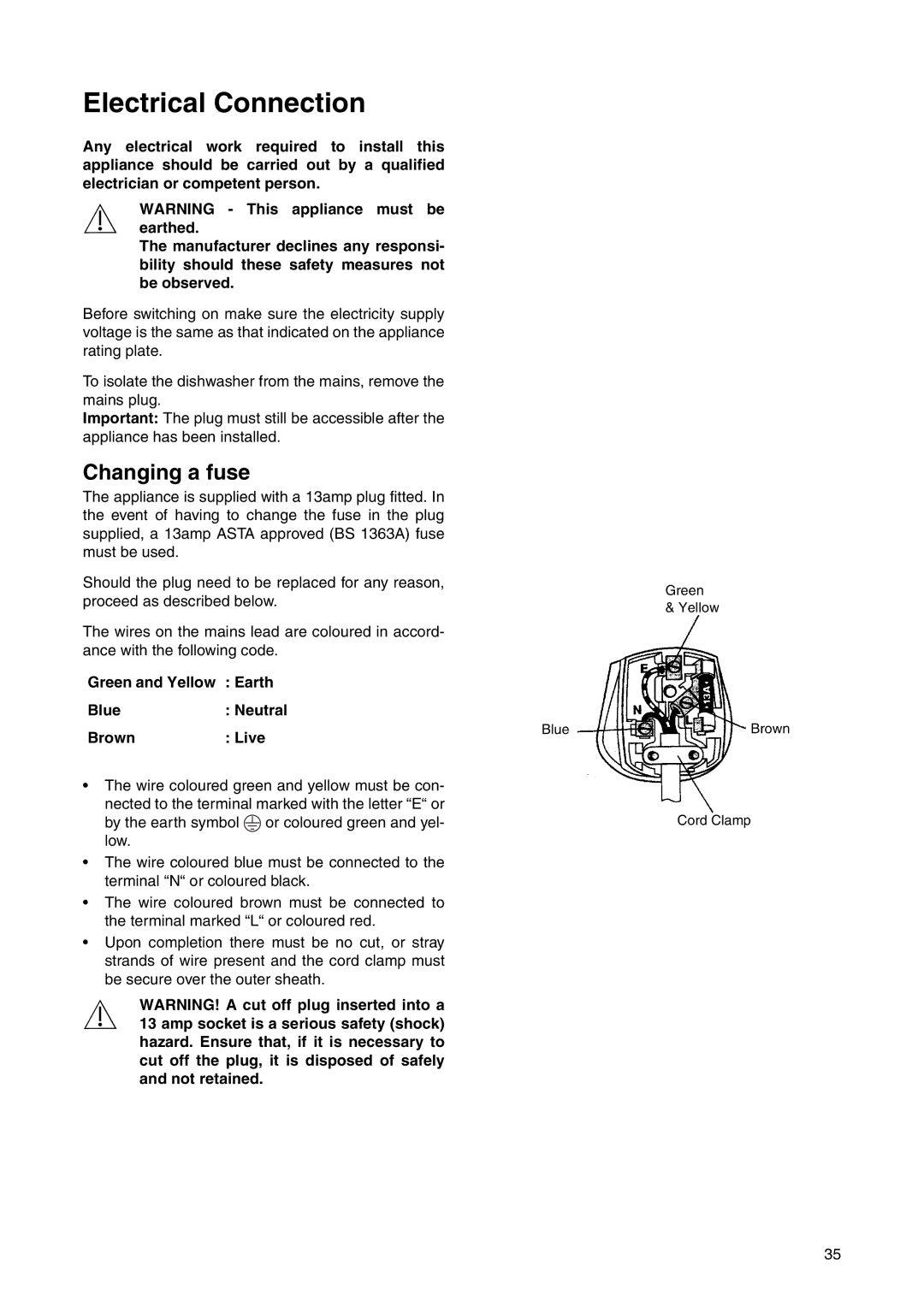 Electrolux ESL 6225 manual Electrical Connection, Changing a fuse, Green and Yellow Earth Blue Neutral Brown Live 