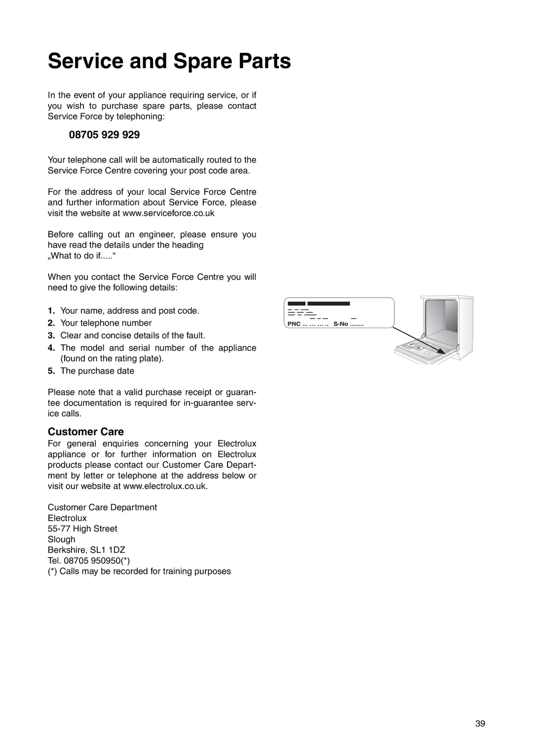 Electrolux ESL 6225 manual 08705 929, Customer Care 