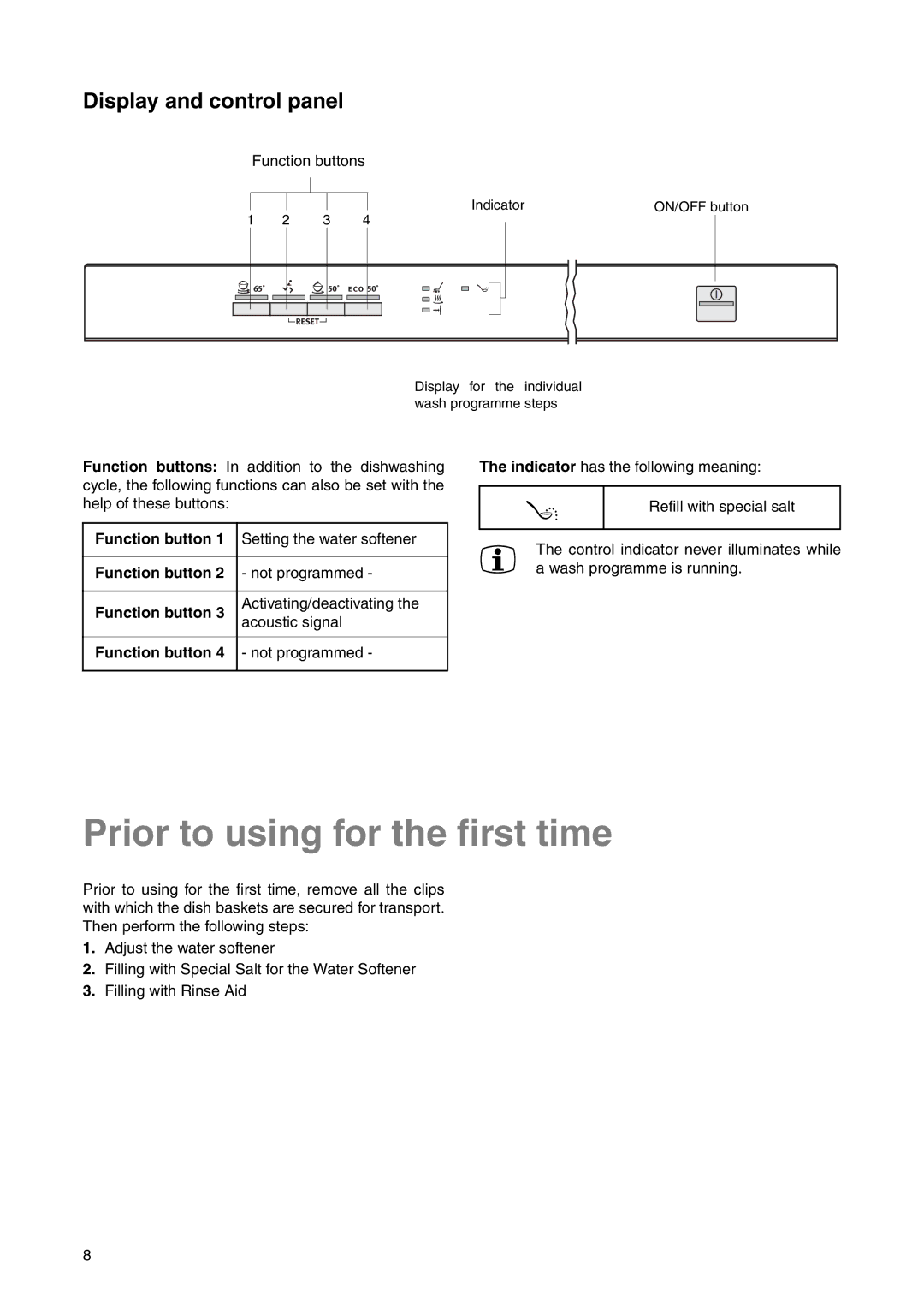 Electrolux ESL 6225 manual Prior to using for the first time, Display and control panel, Function button 